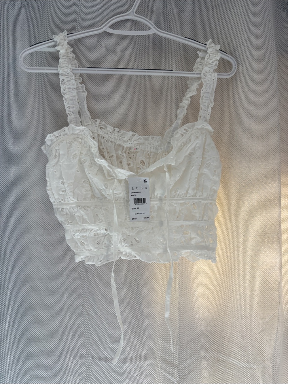 Lush White Eyelet Lace Tie-Front Cropped Camisole